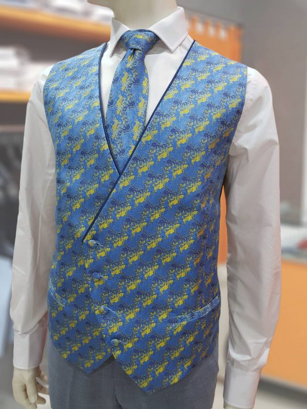 Chaleco estampado azul y amarillo CHA32 - Conecta Moda Joven chalecos para traje en Granada