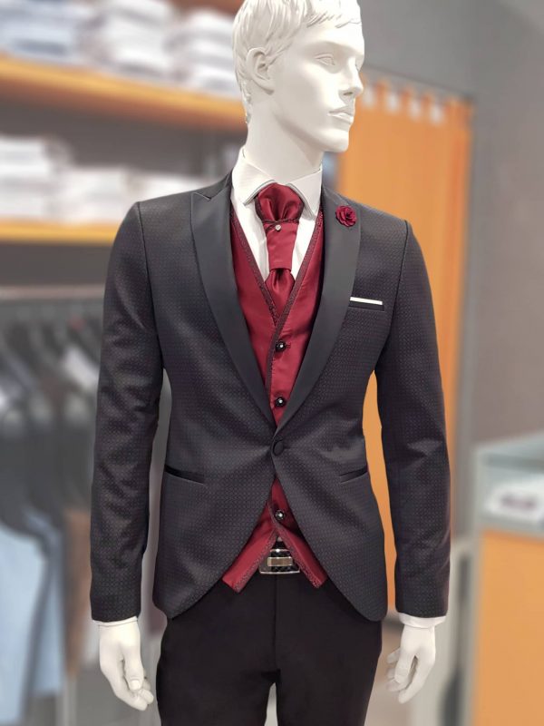 Traje de ceremonia negro con chaleco rojo TRC49 - Conecta Moda Joven trajes de novio y padrino en Granada